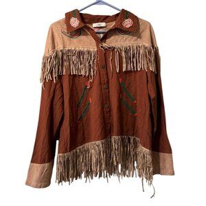 John Moon‎ Shirt Women Medium Brown Texas Western Floral Fringed Cowgirl Rodeo